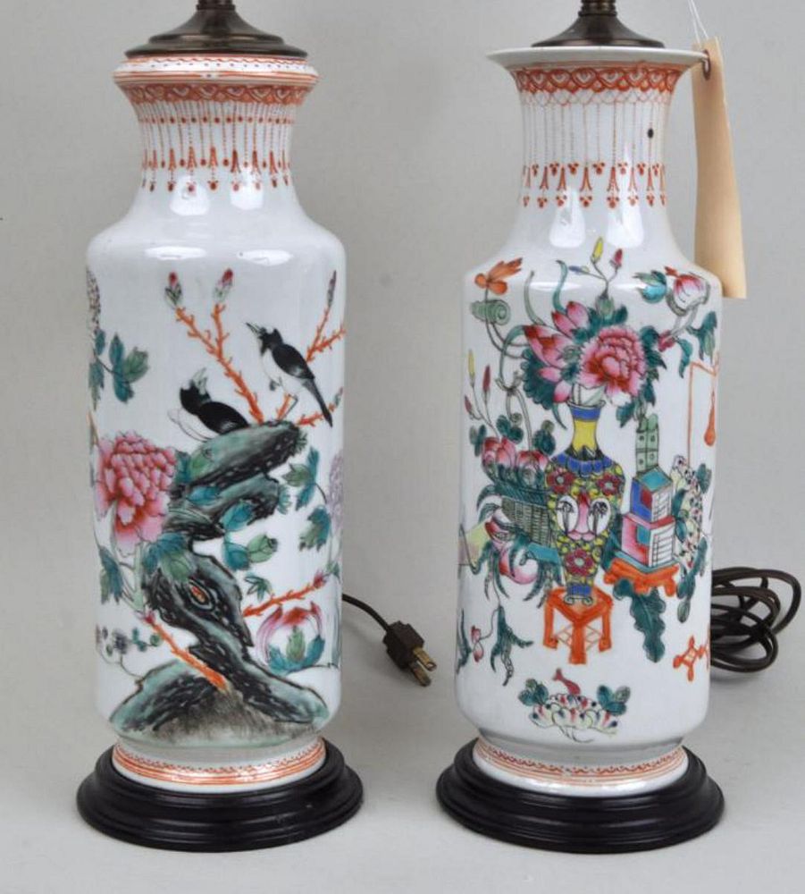 Appraisal: Near Pair Chinese Porcelain Vases As Lamps with famille rose