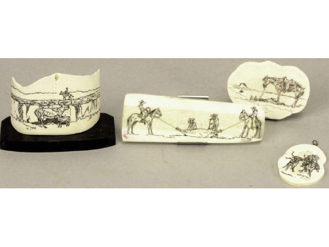 Appraisal: Unique collection of western art scrimshawed on walrus ivory all