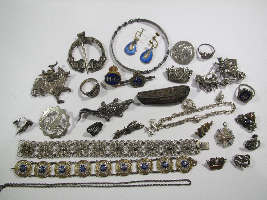 Appraisal: Lot comprising silver pieces to include enamel filigree bracelet marcasite