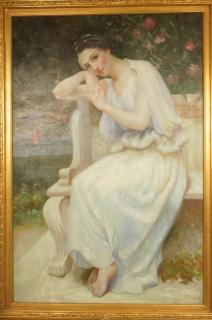 Appraisal: Oil Painting Portrait of Woman in Greek Wardrobe Seating woman