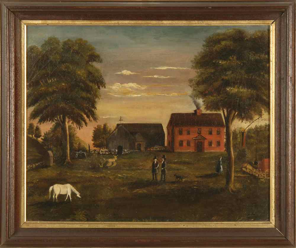 Appraisal: AMERICAN SCHOOL th CenturyFarmyard scene depicting figures and livestock in