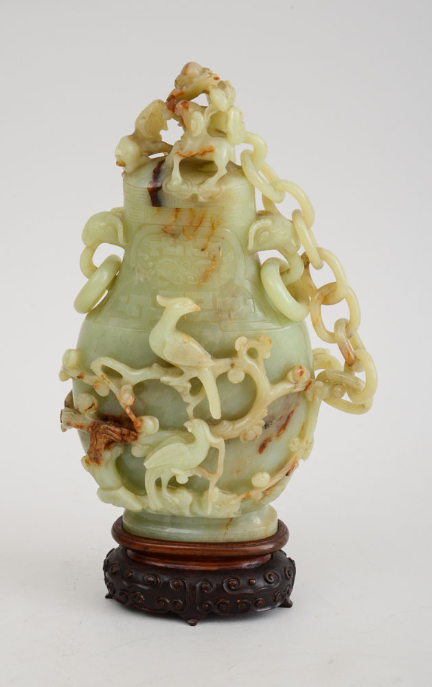 Appraisal: CHINESE CARVED VEINED PALE GREEN JADE VASE AND CHAINED COVER