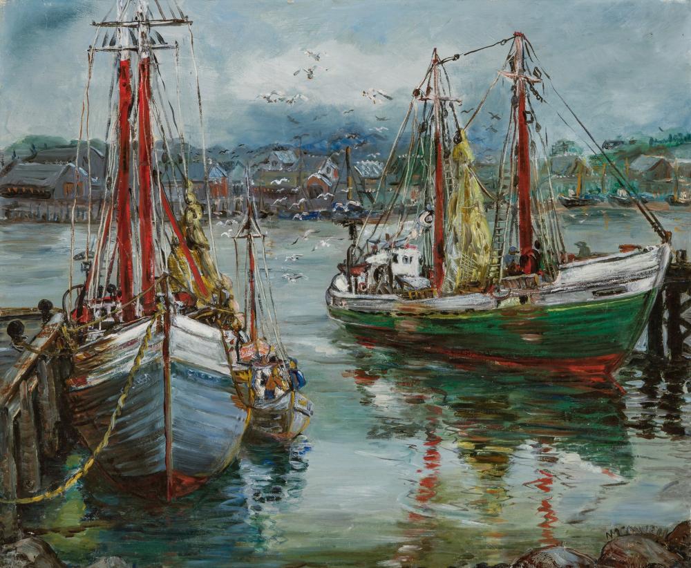 Appraisal: ROCKPORT SCHOOL American th century Boats in Harbor oil on