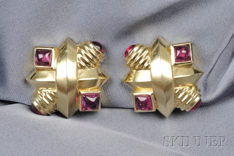 Appraisal: kt Gold and Pink Tourmaline Earclips each X motif set