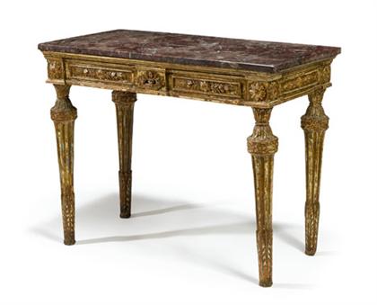 Appraisal: Italian Neoclassical giltwood console table possibly th century The rectangular