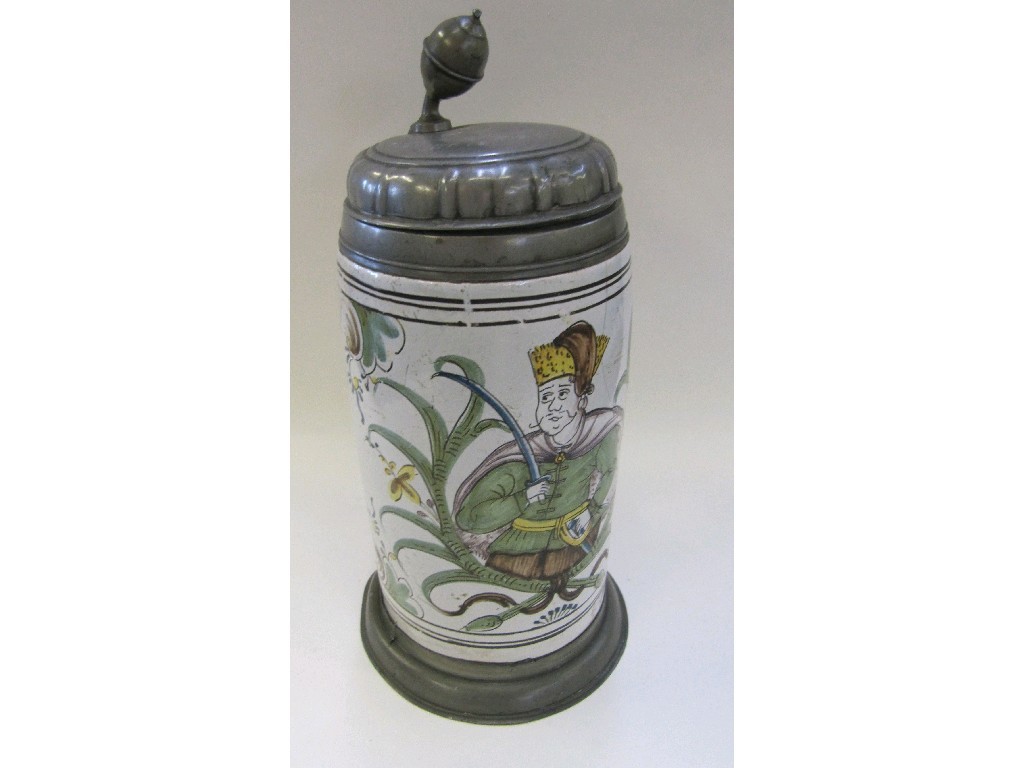 Appraisal: Tin glazed pottery stein with pewter mounts decorated with a