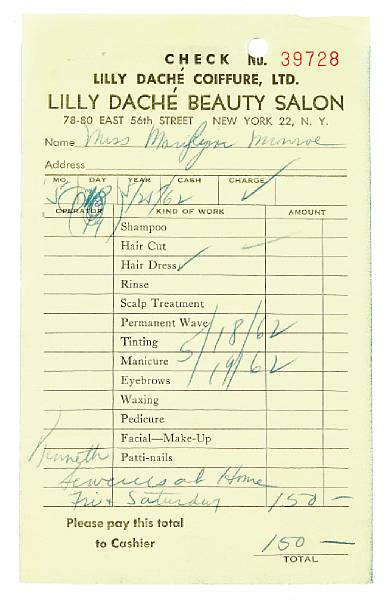 Appraisal: A Marilyn Monroe receipt for her hairdo for JFK's birthday