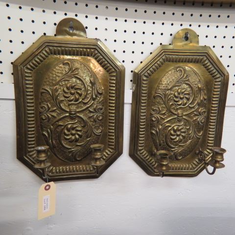 Appraisal: Pair of Brass Sconces bas-relief designs double sconce approx x