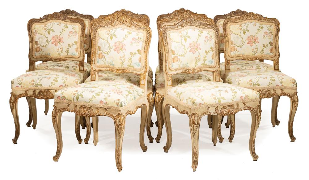 Appraisal: Ten Antique Regence-Style Carved Cr me Peinte and Gilt Dining