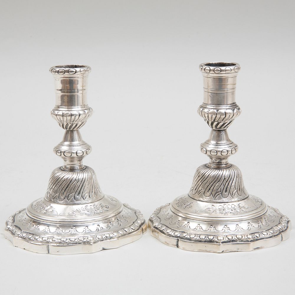 Appraisal: Pair of Continental Silver Metal Engraved Candlesticks x in diam