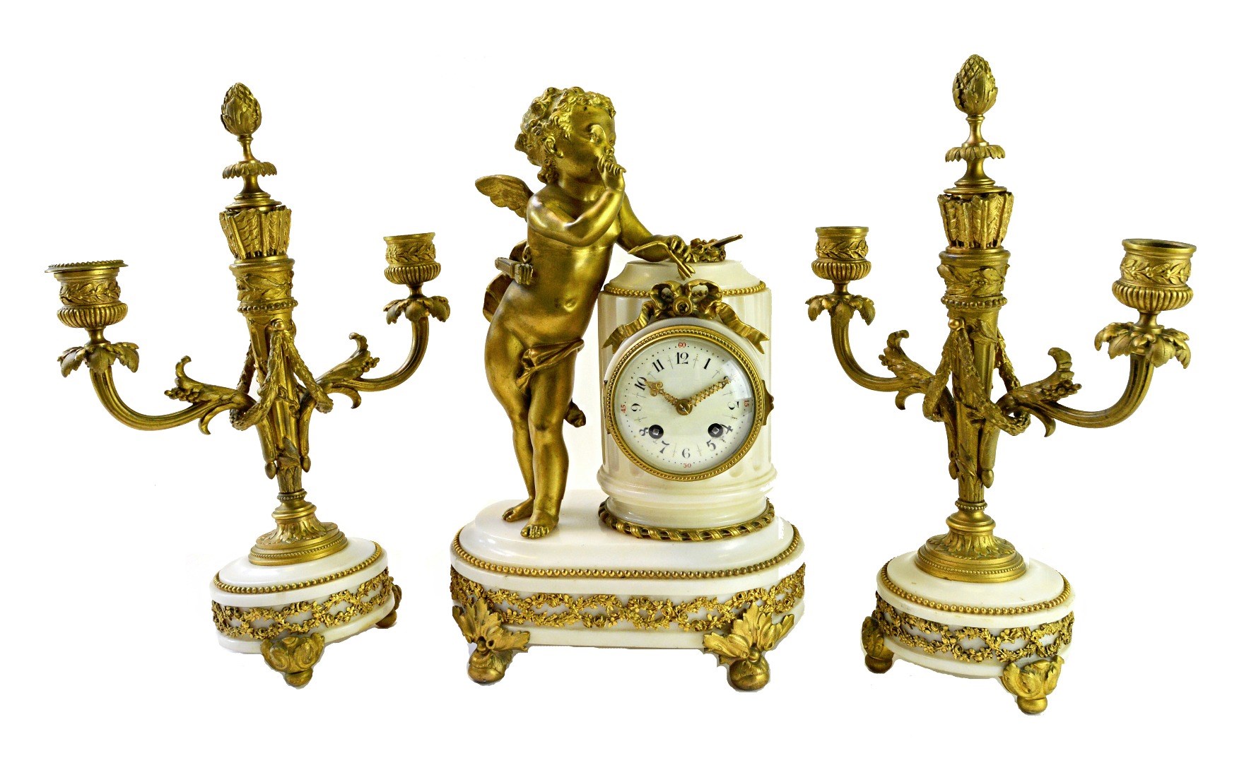 Appraisal: A French gilt bronze and white marble striking clock garniture