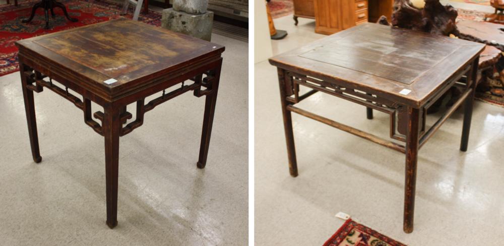 Appraisal: TWO SQUARE CHINESE MING-STYLE CENTER TABLES Round leg version H