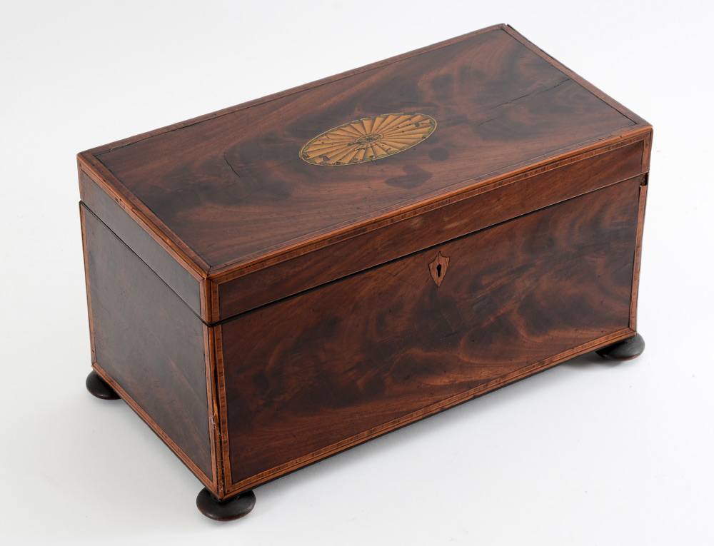 Appraisal: GEORGIAN MAHOGANY INLAID TEA CADDY Richly grained mahogany case hinged