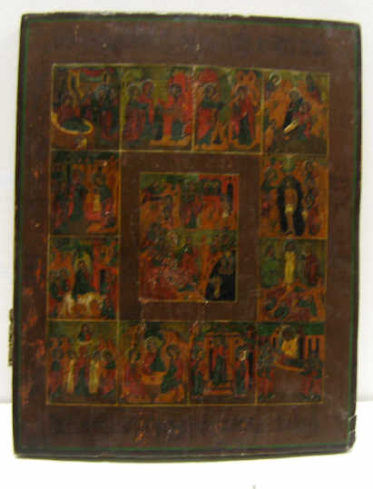 Appraisal: RUSSIAN ICON Painted on wooden panel depicting scenes from Jesus