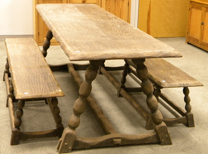 Appraisal: th Century-style Hewn Wooden Trestle-base Table with a Pair of