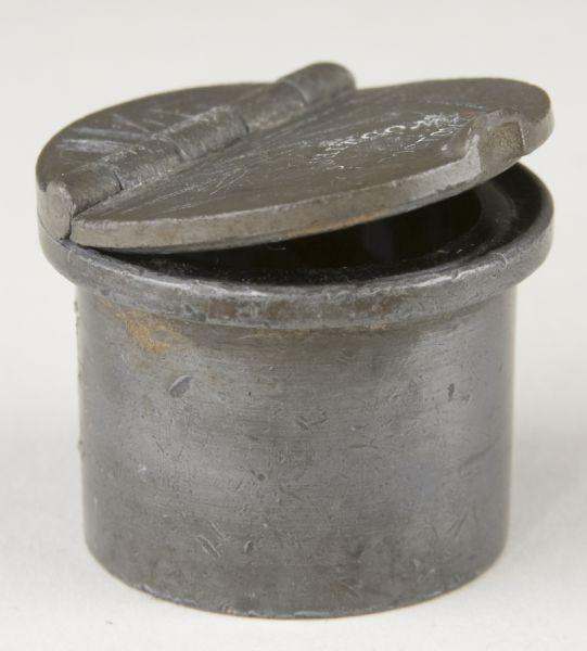 Appraisal: Traveler's Pewter Ink Well th century hinged lid stamped A