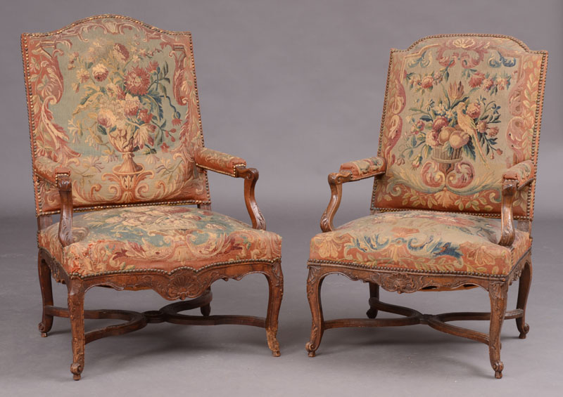 Appraisal: FINE NEAR PAIR OF R GENCE STYLEWALNUT FAUTEUILS LA REINE