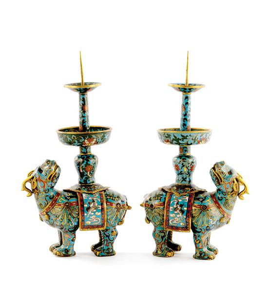 Appraisal: Pair Chinese cloisonne candleholders late th century mythical creatures support