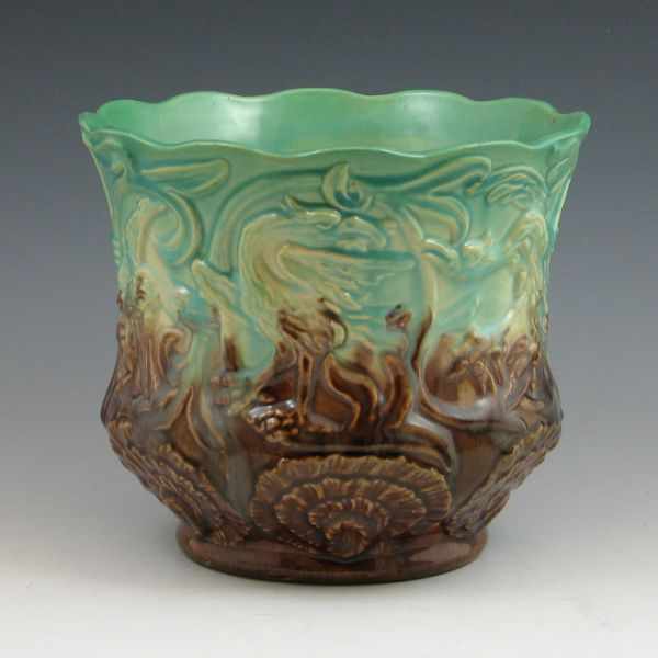 Appraisal: Owens blended glaze jardiniere with bird-like creatures Marked with JB