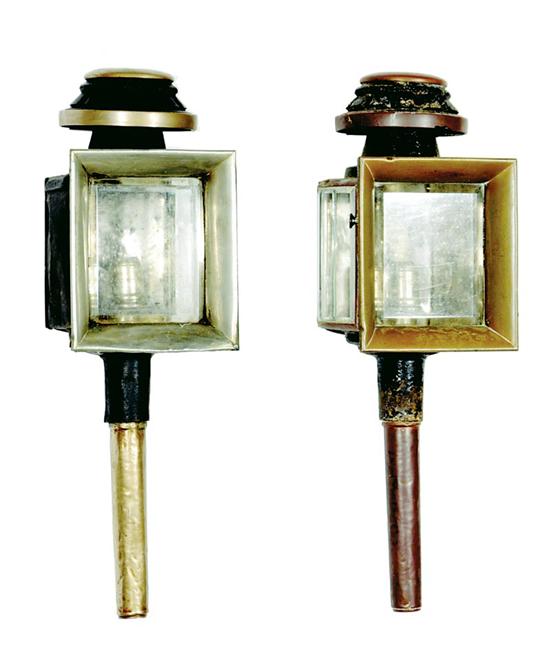 Appraisal: Pair English carriage lanterns th century torch form with side