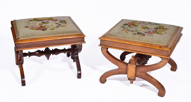 Appraisal: A PAIR OF VICTORIAN WALNUT 'X' FRAMED STOOLS with Berlin