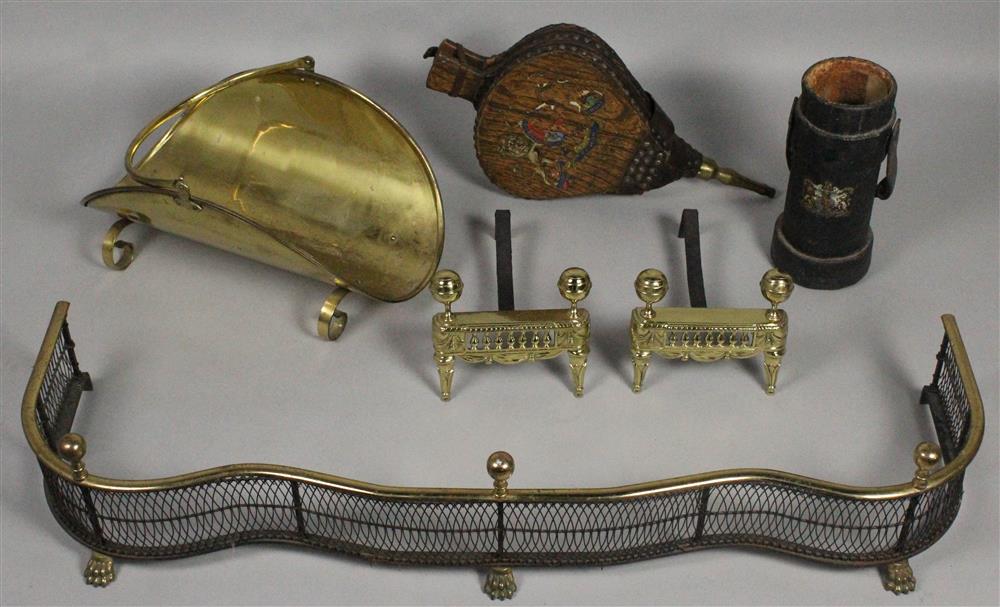 Appraisal: GROUP OF FIREPLACE EQUIPMENT including a serpentine brass and net