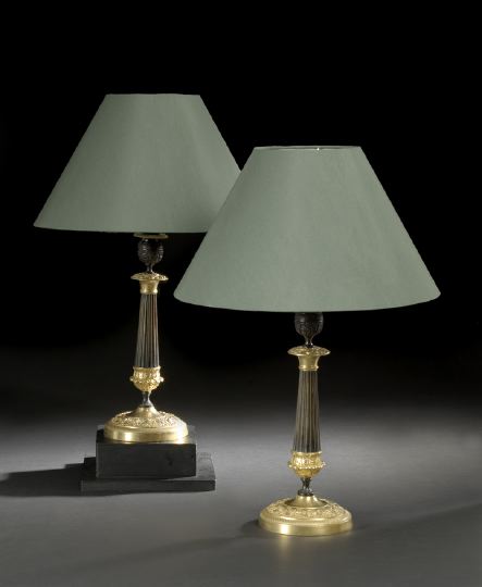 Appraisal: Pair of French Parcel-Gilt Bronze-Patinated Brass Columnar Candlesticks in the