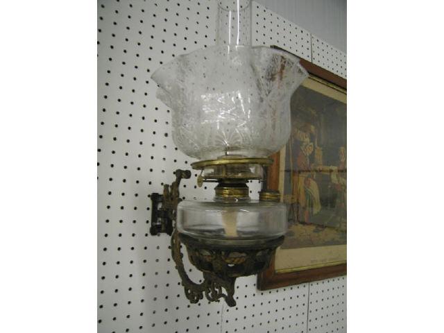 Appraisal: Victorian Wall Mount Oil Lamp floral acid etched shade