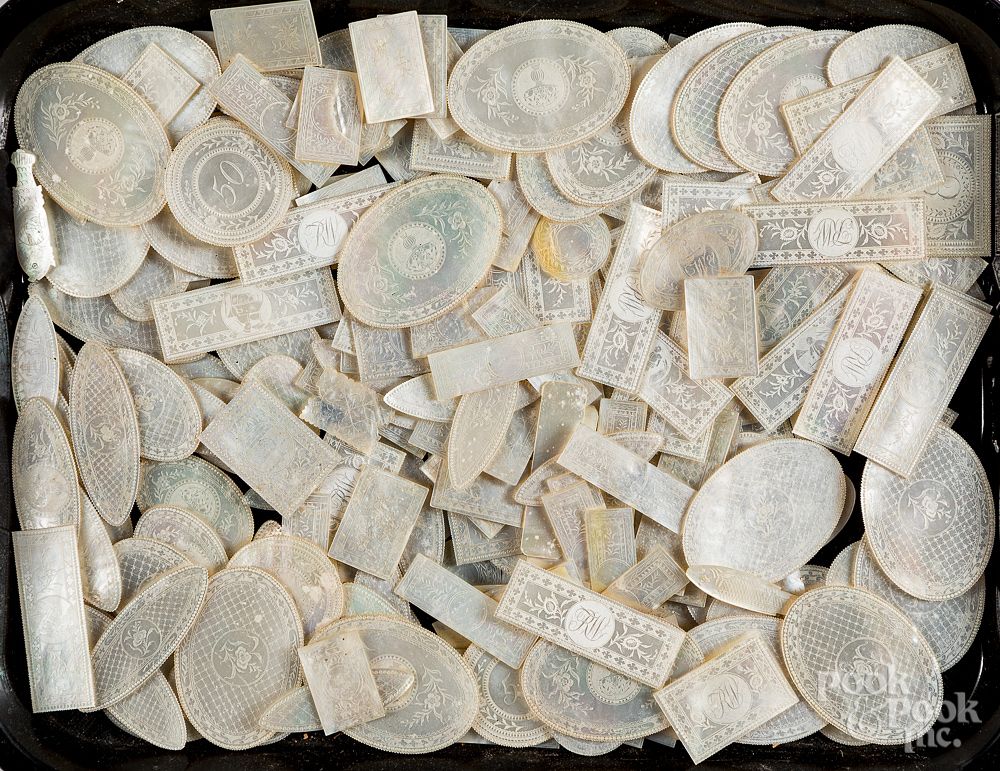 Appraisal: Collection of Chinese engraved abalone game tokens Collection of Chinese