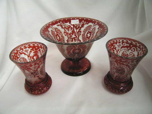 Appraisal: Bohemian Ruby Cut-to-Clear Vases landscape deer foilage decor to excellent