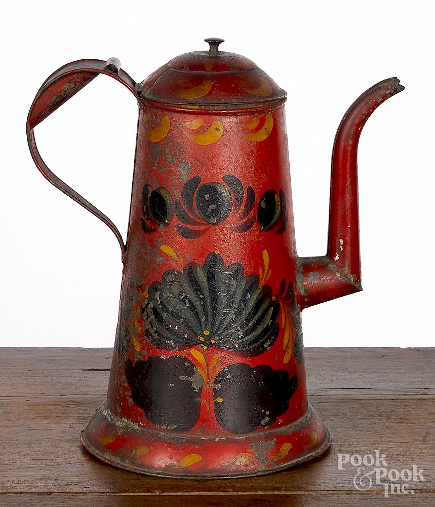 Appraisal: Red toleware coffee pot Exclusive on Bidsquare Red toleware coffee