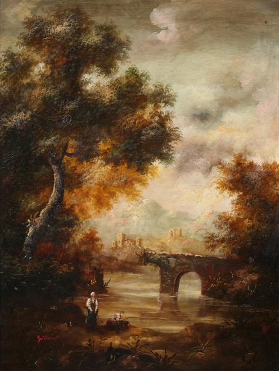 Appraisal: GILBERT Italian th century FISHING BY THE ARCHED BRIDGE signed