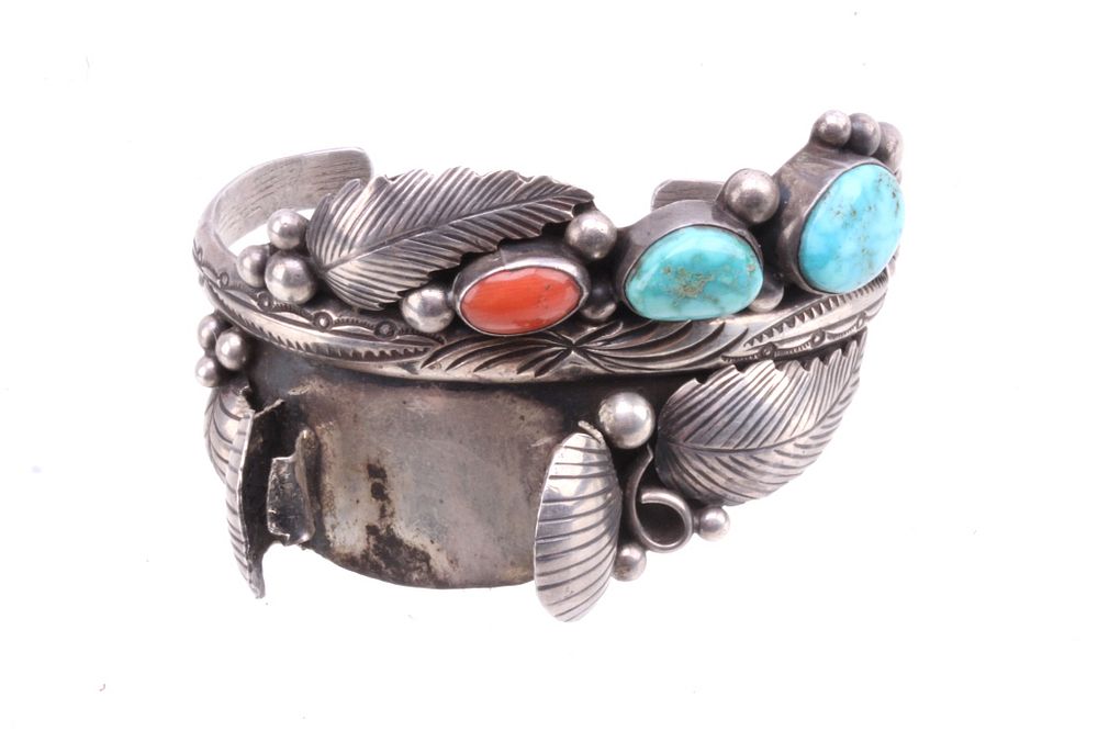 Appraisal: Signed Navajo Sterling Turquoise Coral Watch Cuff Included in this