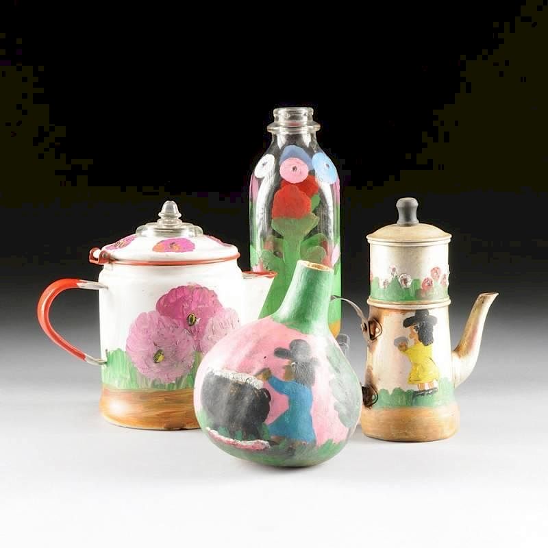 Appraisal: CLEMENTINE HUNTER American - A group of painted wares CLEMENTINE