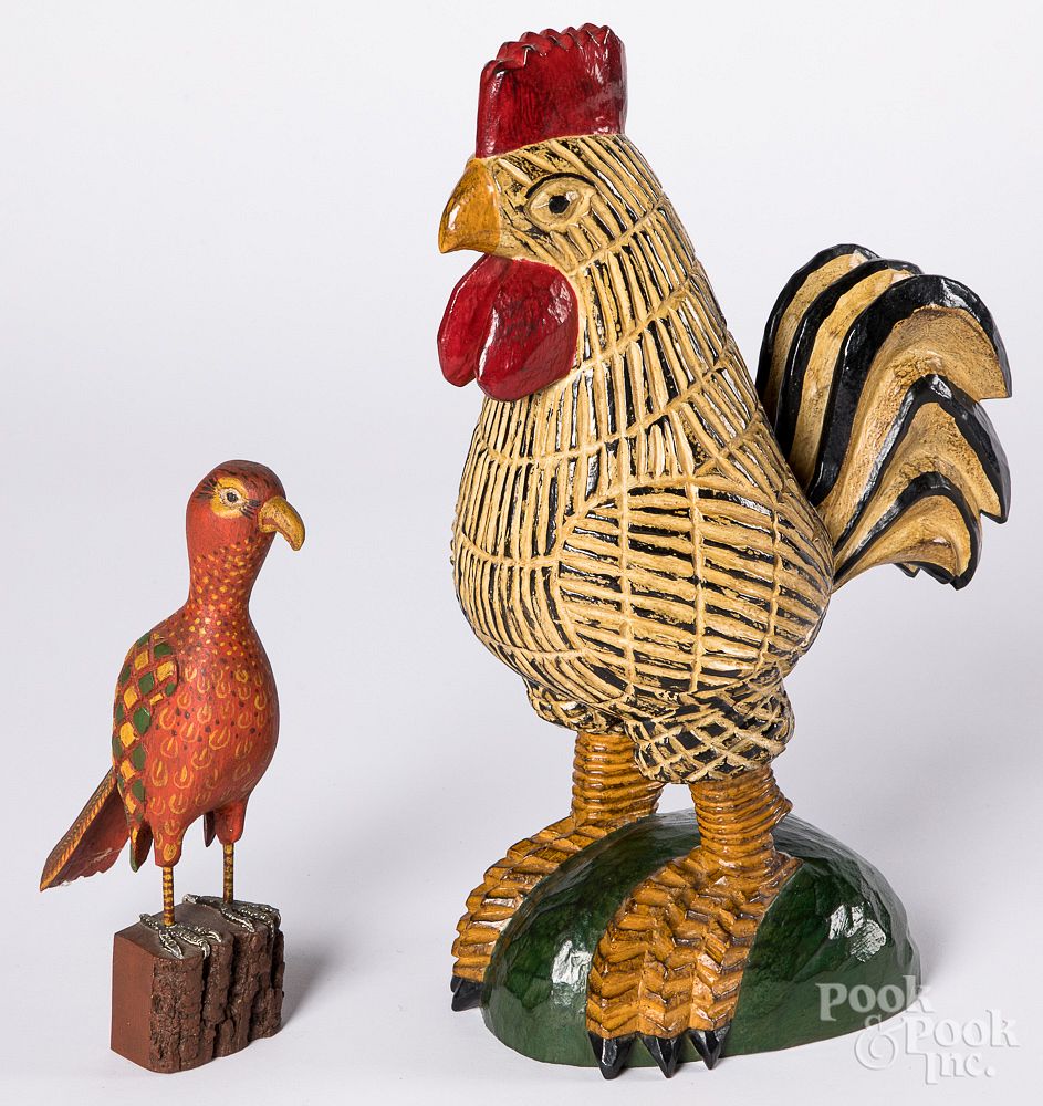 Appraisal: Schimmel style carved and painted rooster etc Schimmel style carved