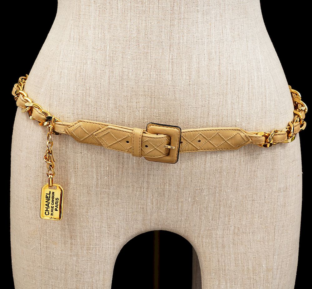 Appraisal: Chanel Gold Tone Chain Beige Leather Belt Chanel gold tone