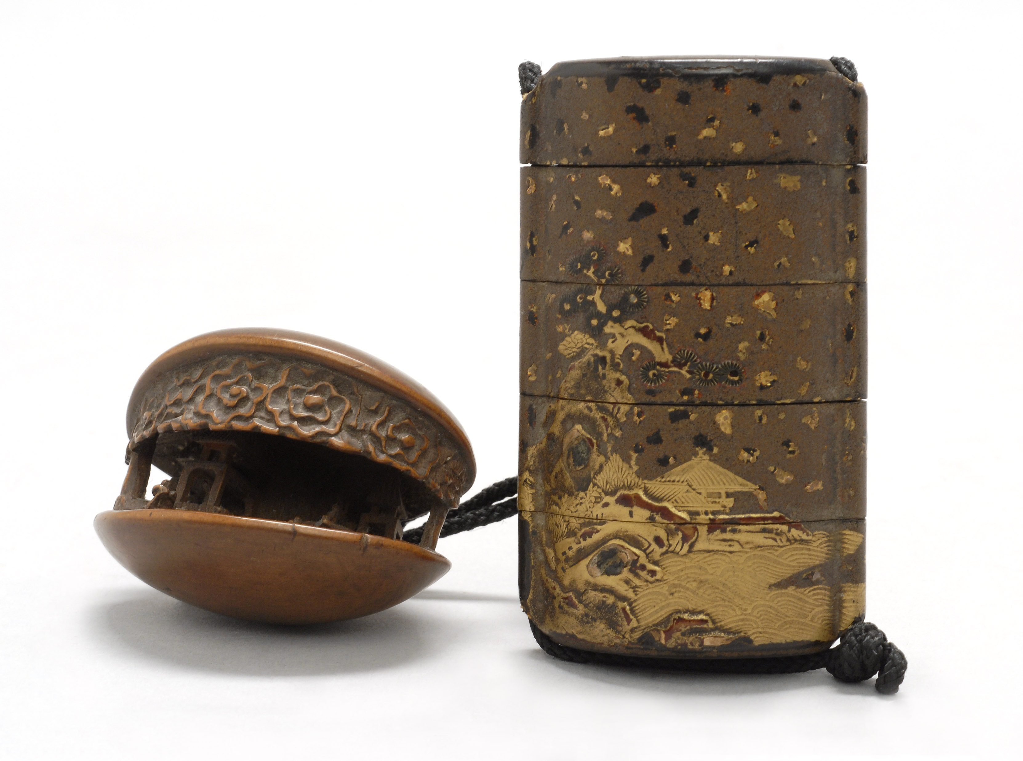 Appraisal: FOUR-CASE LACQUER INRO WITH WOOD NETSUKE th th CenturyInro in