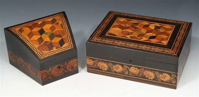 Appraisal: A TUNBRIDGE WARE PARQUETRY SEWING BOX with three dimensional cubic