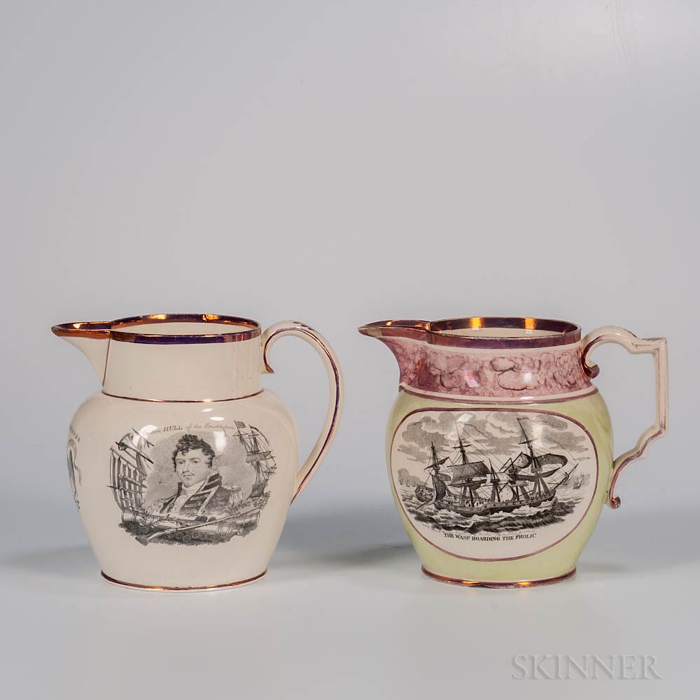 Appraisal: Two Pink Lustre Decorated Commemorative Jugs Two Pink Lustre Decorated