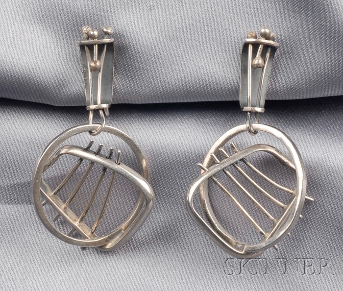 Appraisal: Sterling Silver Earpendants Ed Wiener each of abstract form with