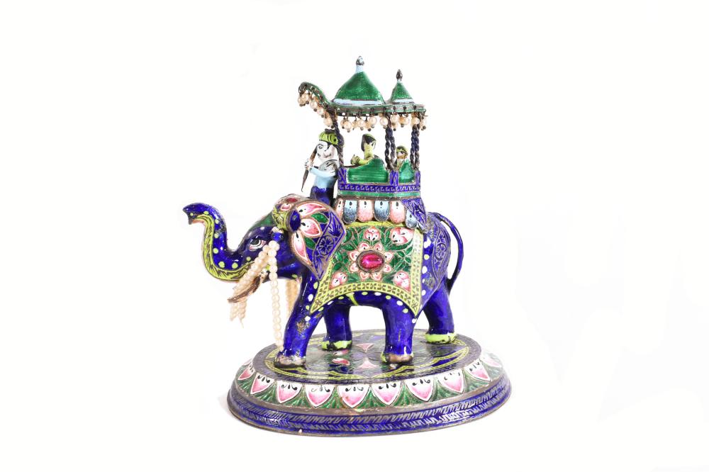 Appraisal: INDIAN ENAMELED SILVER ELPHANT WITHHOWDAH th Century Unmarked The multi-colored