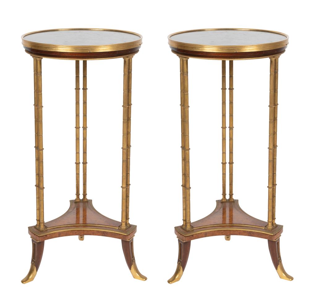 Appraisal: PAIR OF NEOCLASSICAL GUERIDONSeach with round top inlaid with tiger's