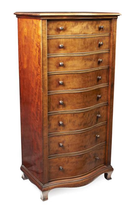 Appraisal: FINE VICTORIAN FIDDLE MAHOGANY SERPENTINE WELLINGTON CHEST ATTRIBUTED TO JOHN