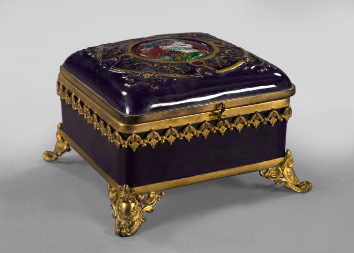 Appraisal: French Gilt-Brass and Limoges Enamel-Mounted Majolica Jewel Casket fourth quarter