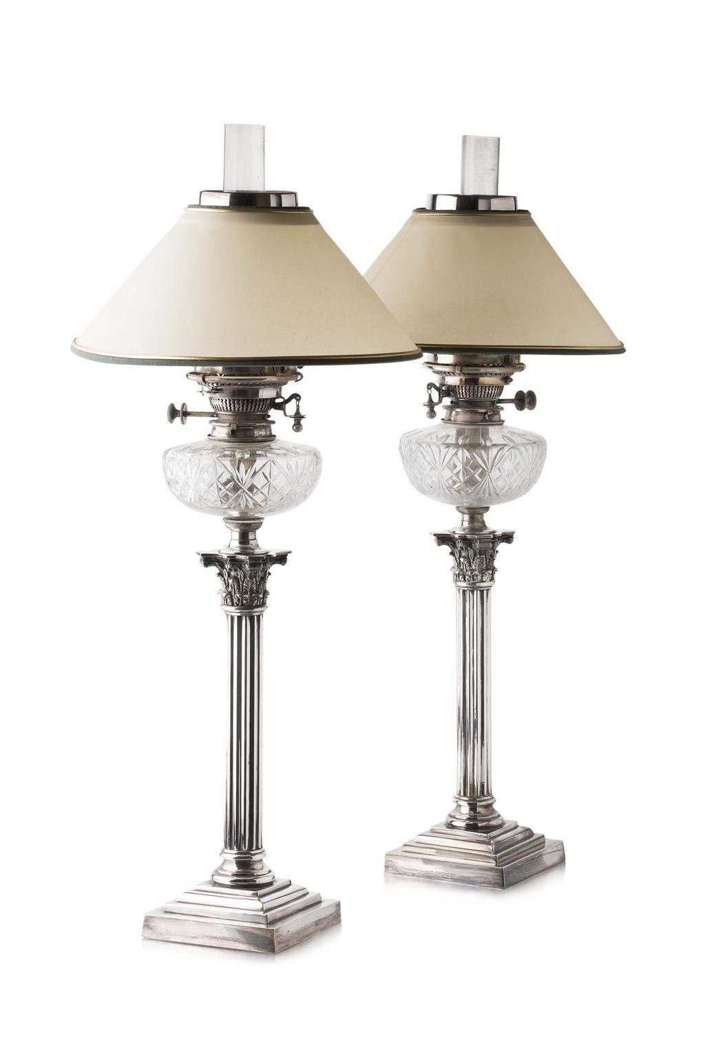 Appraisal: PAIR OF SILVERPLATED PARAFFIN LAMPS EARLY TH CENTURY each with