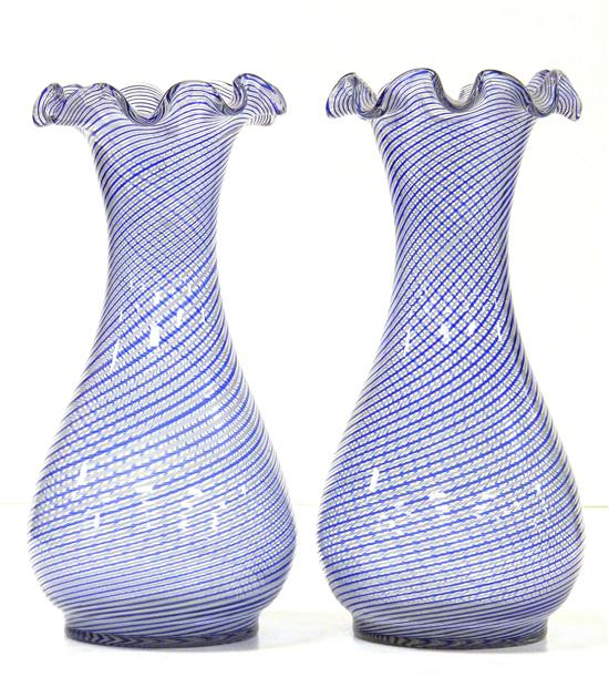 Appraisal: Pair blown glass vases Continental blue and white stripe decoration