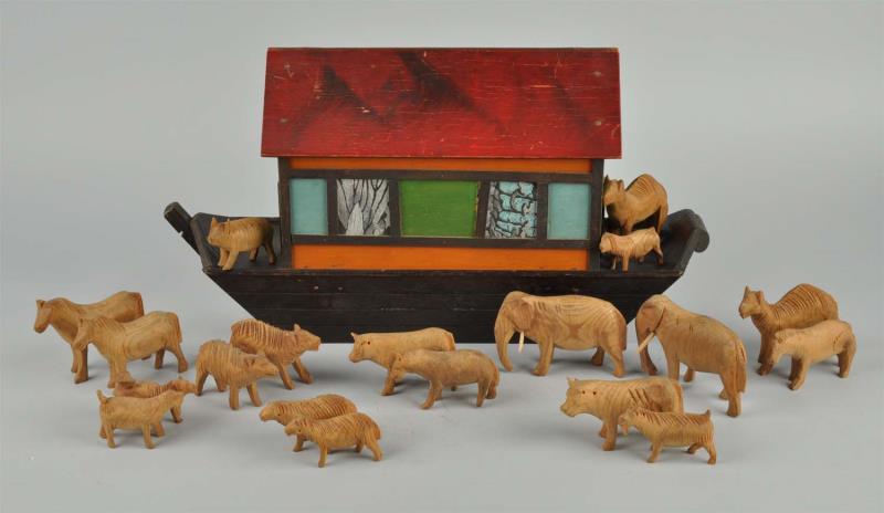 Appraisal: Contemporary Wooden Ark Carved Animals Unmarked but probably American Condition