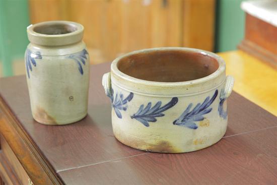 Appraisal: TWO STONEWARE CROCKS WITH COBALT DECORATION One Remney two-handled cake