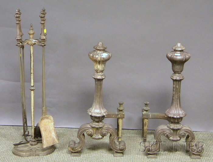 Appraisal: Pair of Baroque-style Silvered Cast Metal Andirons with a Set