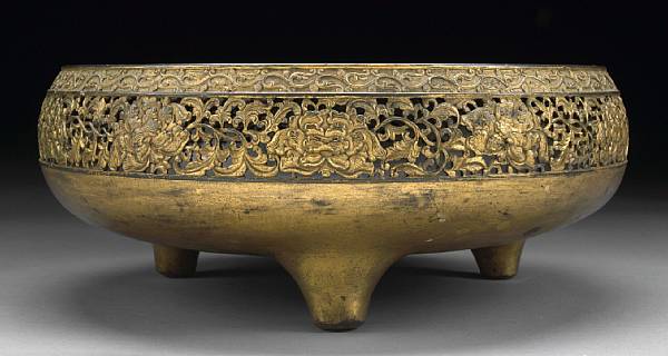 Appraisal: A gilt bronze footed censer th th Century Raised on